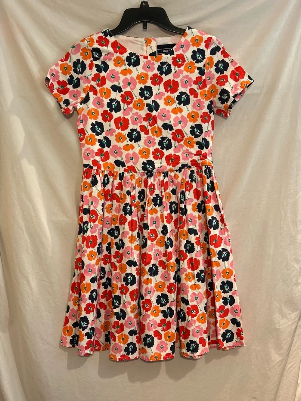 Lands' End Girls 14 Peony Flower Short Sleeve Fit & Flare Classic Cotton Dress